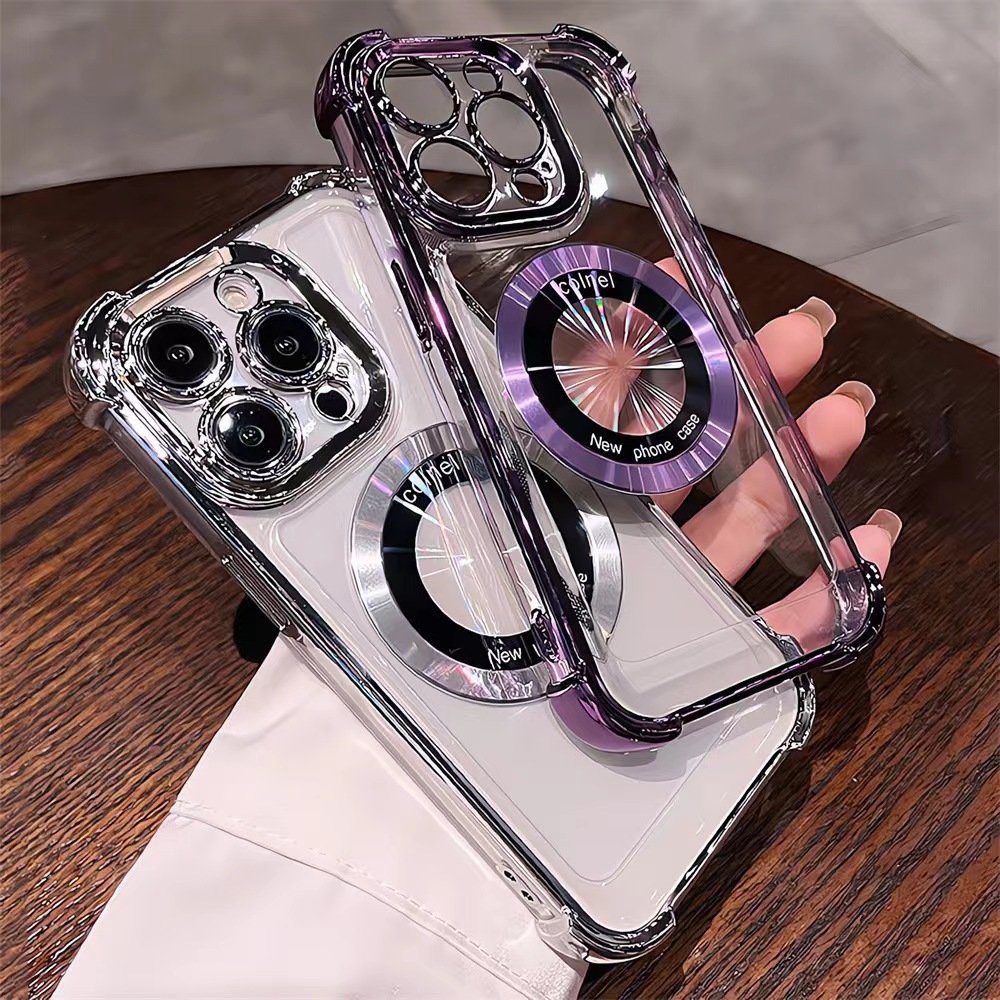 Magetic Electroplate Four-Corner Airbag Shockproof Phone Case for iPhone 16 15 14 13 Pro Max Wireless Charging PC Material case