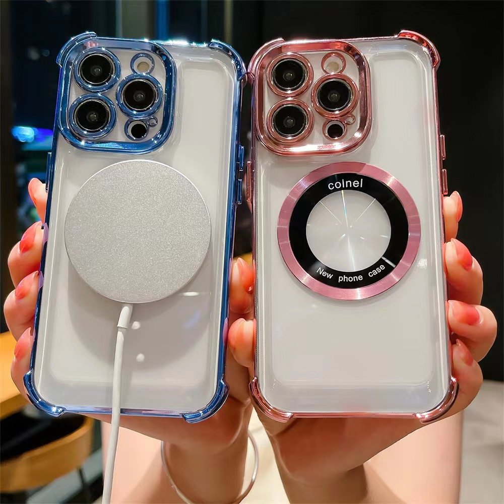 Magetic Electroplate Four-Corner Airbag Shockproof Phone Case for iPhone 16 15 14 13 Pro Max Wireless Charging PC Material case