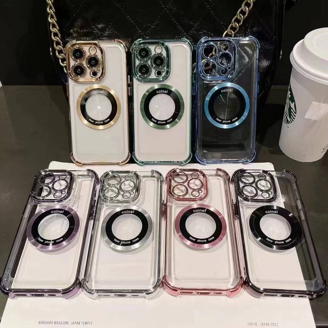 Magetic Electroplate Four-Corner Airbag Shockproof Phone Case for iPhone 16 15 14 13 Pro Max Wireless Charging PC Material case