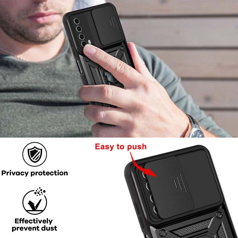 Shockproof Heavy Duty Back Cover Slide Window Push Magnetic Metal Ring Holder Armor Phone Case for HUAWEI Y7A P SMART 2021