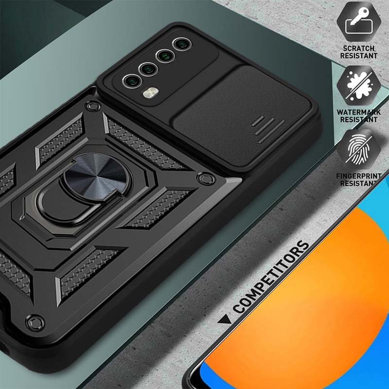 Shockproof Heavy Duty Back Cover Slide Window Push Magnetic Metal Ring Holder Armor Phone Case for HUAWEI Y7A P SMART 2021