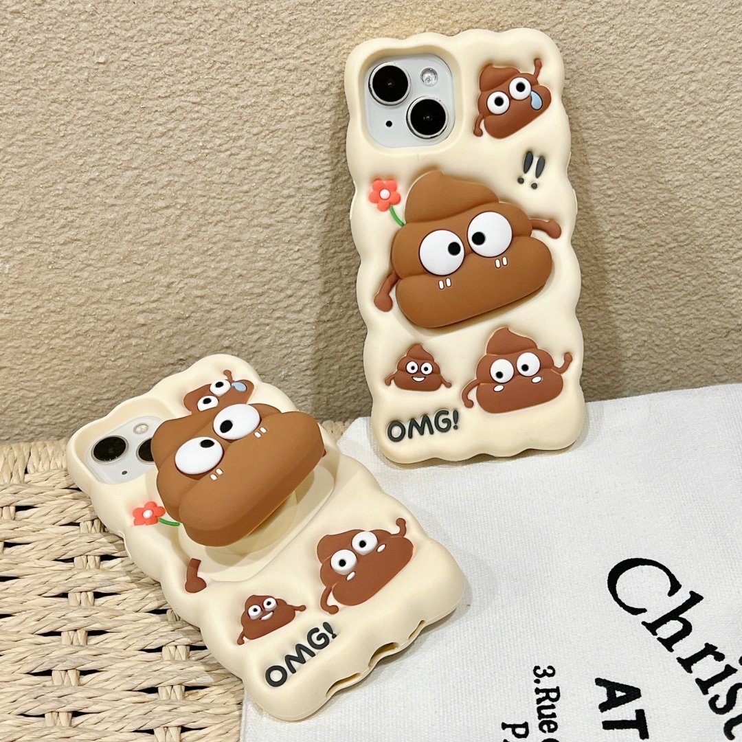 Fashion Cartoon Poop Retractable Stand Funny Silicone Shockproof Protective Phone Cover Case For Iphone 12 13 14 15 Pro Max