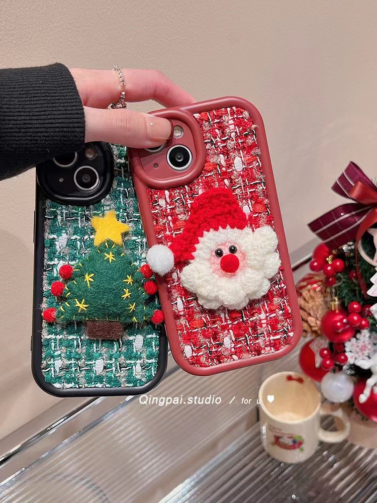 Hot Sale Christmas Santa Claus and Tree Plush Mobile Phone Case for iPhone 14 15 16 Pro Max Christmas Plush Phone Case