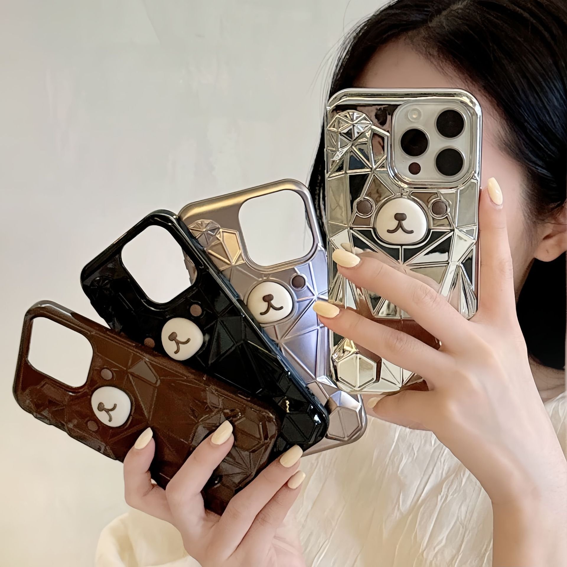 Cute Cartoon bear argyle TPU Mobile Phone Case For iPhone 16 15 14 13 12 Pro max 3D silicone Colorful DIY Shockproof Back Cover