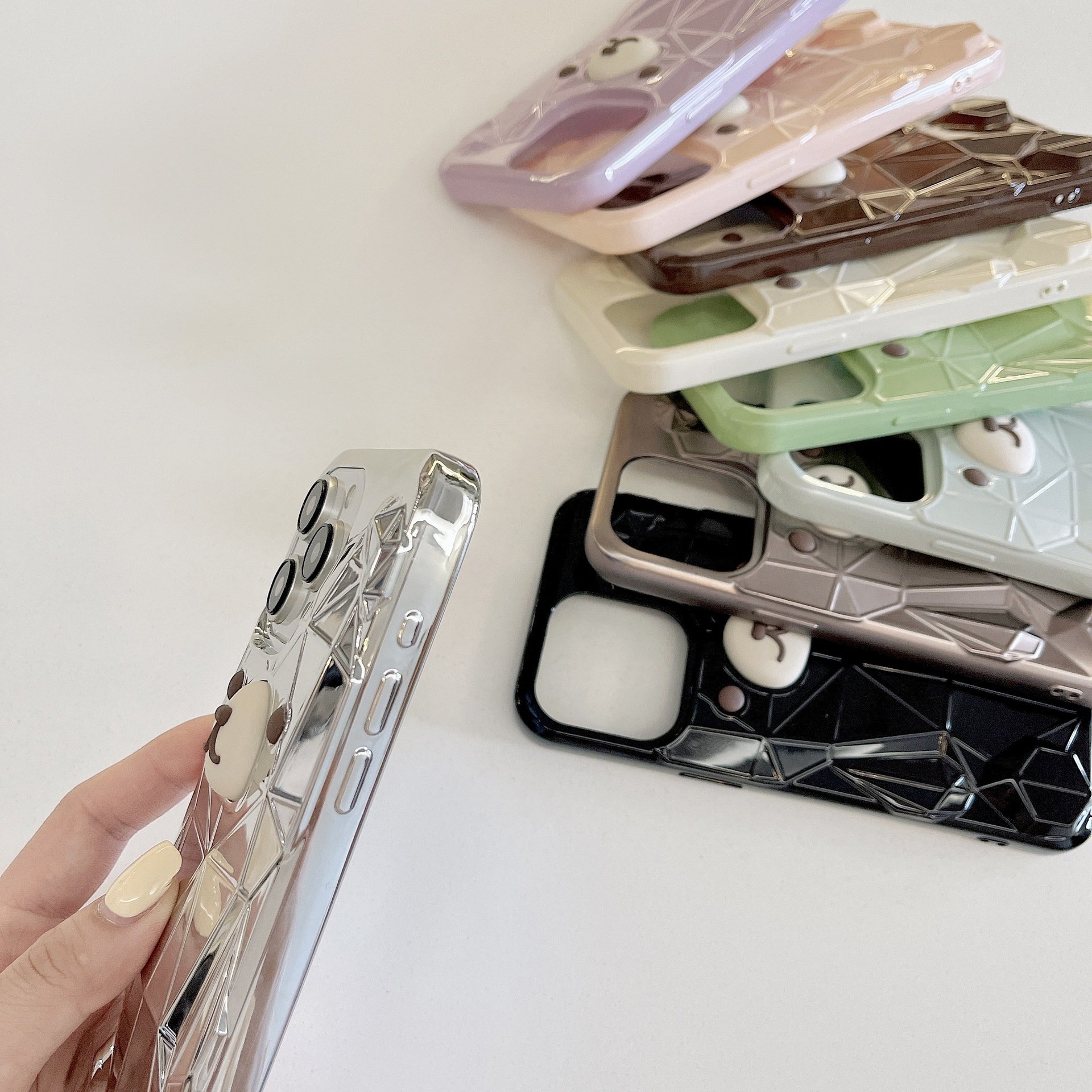 Cute Cartoon bear argyle TPU Mobile Phone Case For iPhone 16 15 14 13 12 Pro max 3D silicone Colorful DIY Shockproof Back Cover