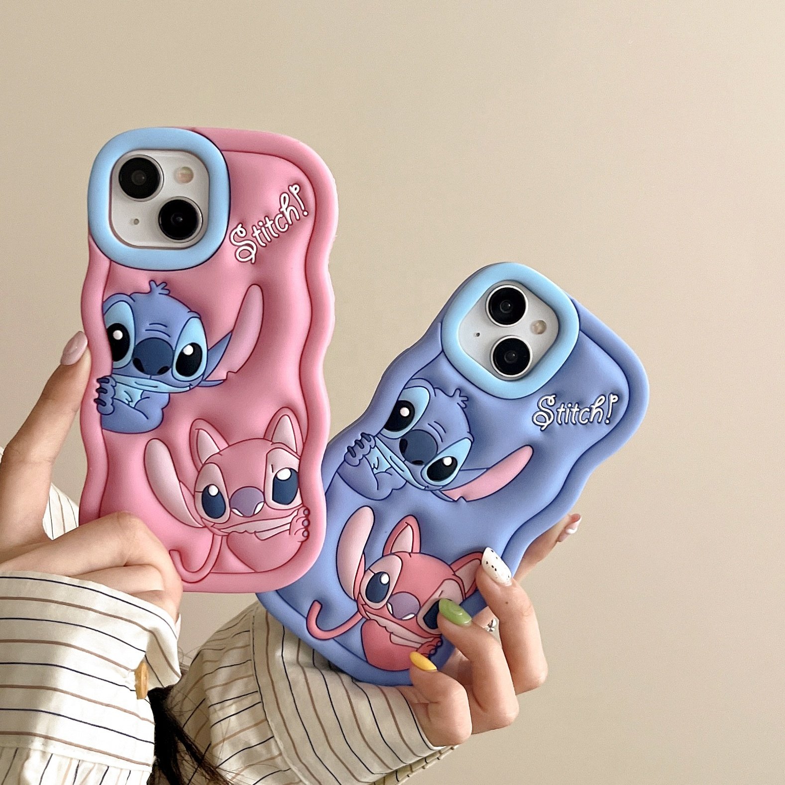 Soft Silicone Cute Shockproof 3D Stitch Cartoon Wavy Edge Back Cover for iphone 14 15 Pro Max Couple Mobile Phone Accessories