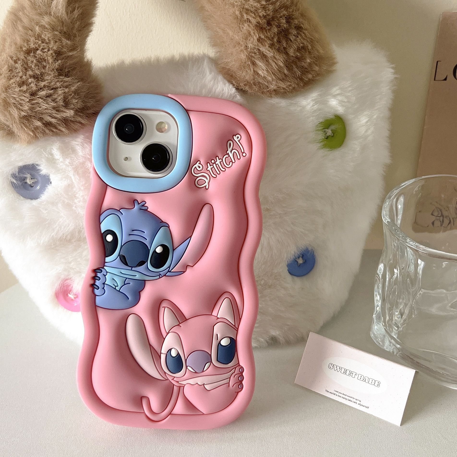 Soft Silicone Cute Shockproof 3D Stitch Cartoon Wavy Edge Back Cover for iphone 14 15 Pro Max Couple Mobile Phone Accessories