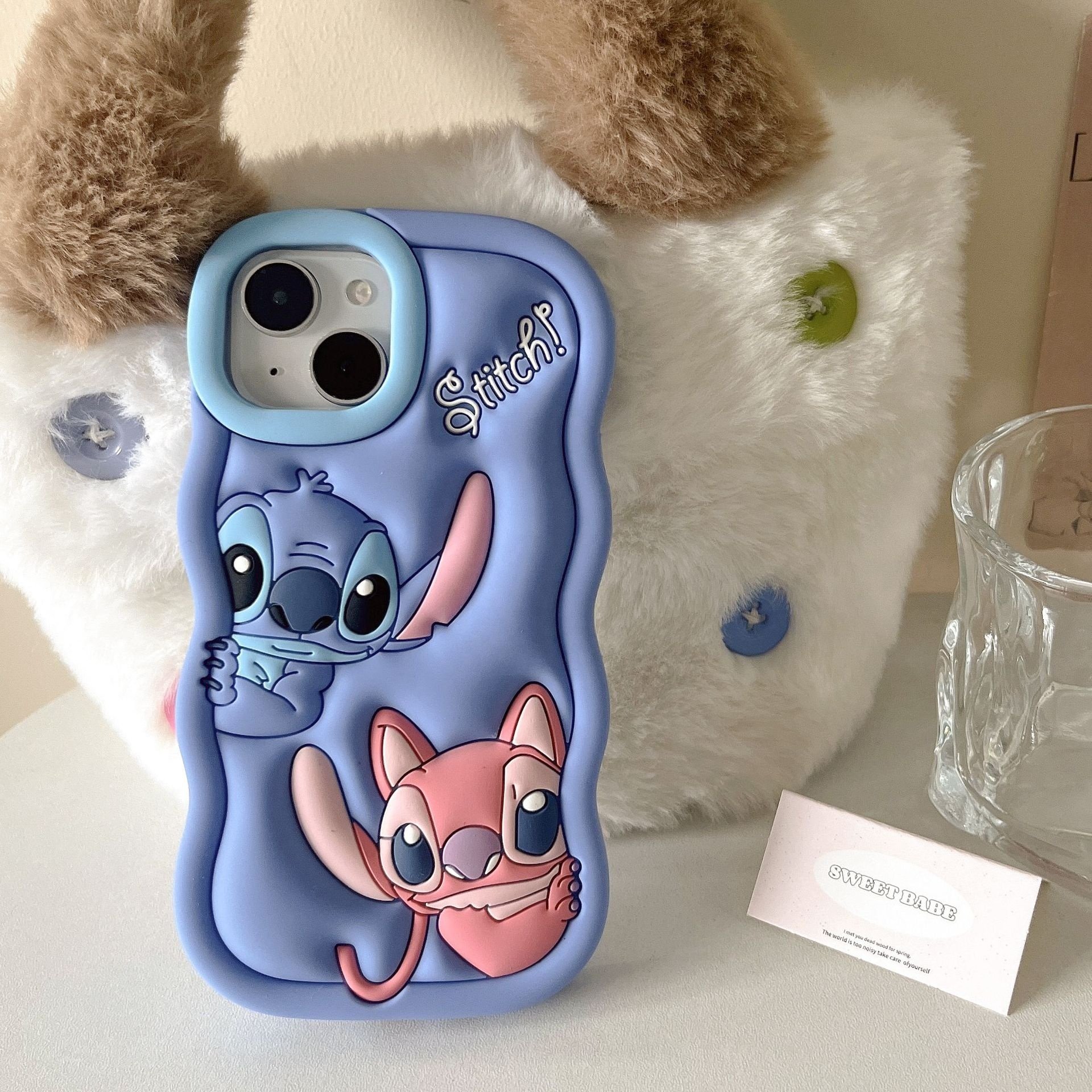 Soft Silicone Cute Shockproof 3D Stitch Cartoon Wavy Edge Back Cover for iphone 14 15 Pro Max Couple Mobile Phone Accessories