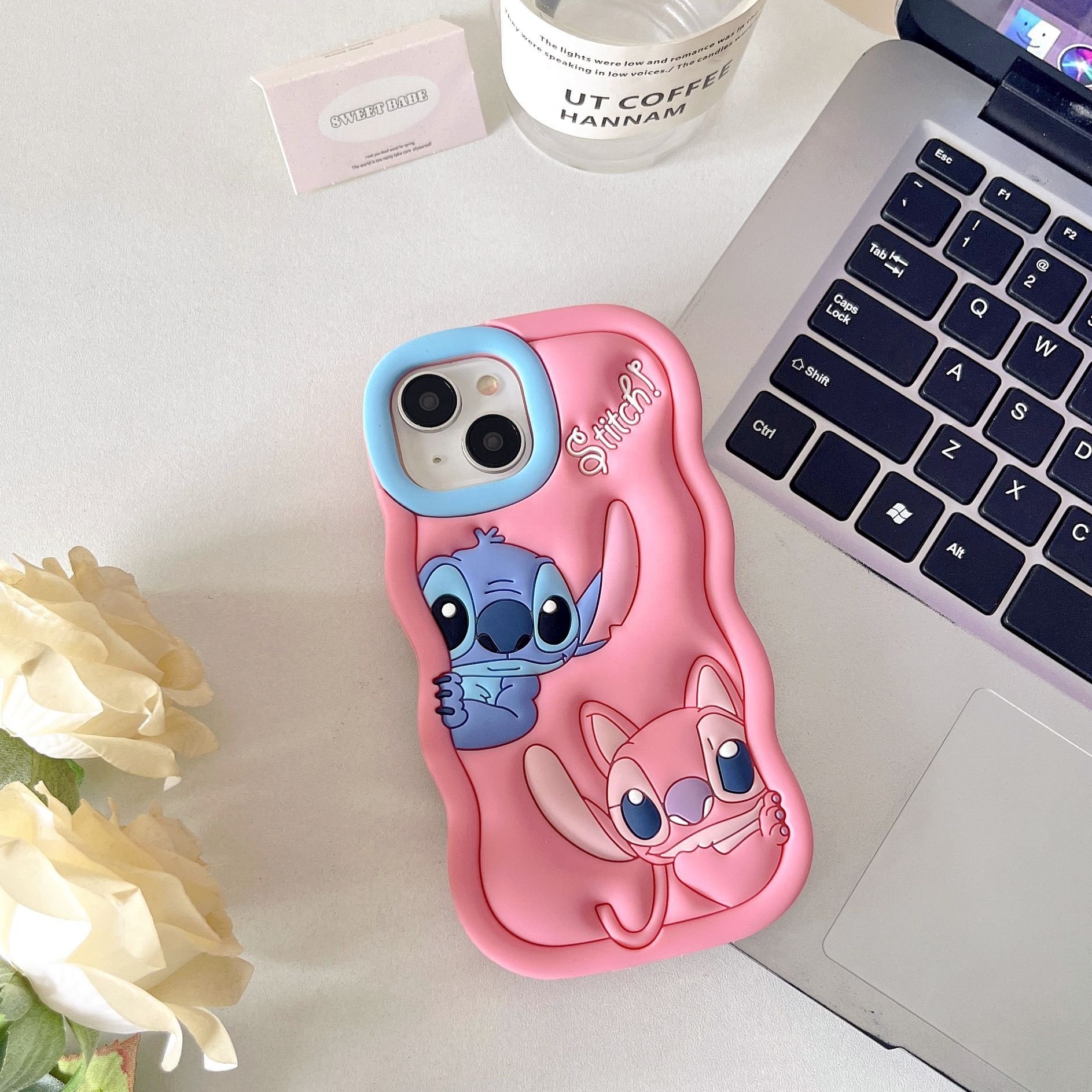 Soft Silicone Cute Shockproof 3D Stitch Cartoon Wavy Edge Back Cover for iphone 14 15 Pro Max Couple Mobile Phone Accessories