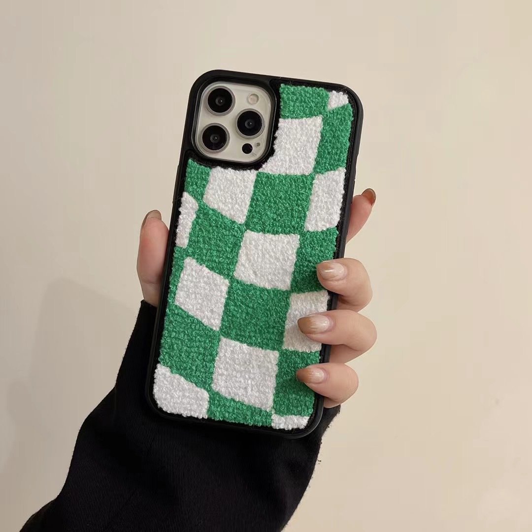 Niche retro autumn and winter plaid plush veneer embroidered flower square mobile phone case suitable for iPhone16 15 14 Pro Max