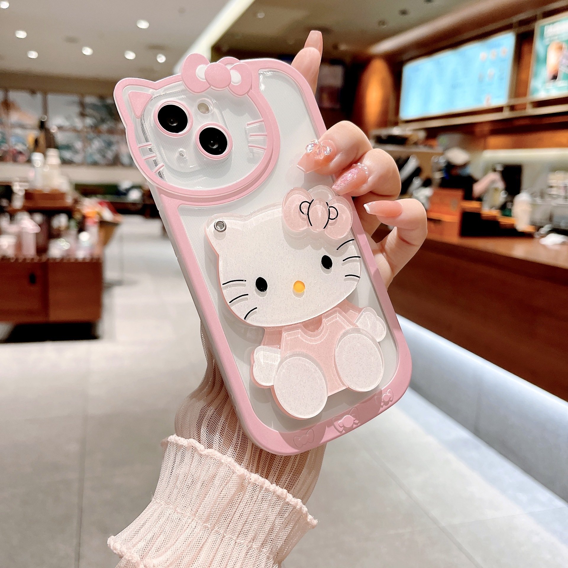 3D Lovely hellokitty Makeup Mirror with Lens Film Mobile phone case for iphone 11 12 13 14 15 16 promax KT cat phone accessories