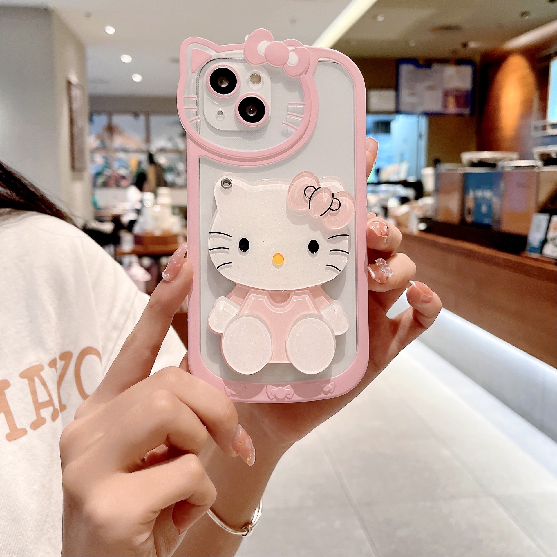 3D Lovely hellokitty Makeup Mirror with Lens Film Mobile phone case for iphone 11 12 13 14 15 16 promax KT cat phone accessories