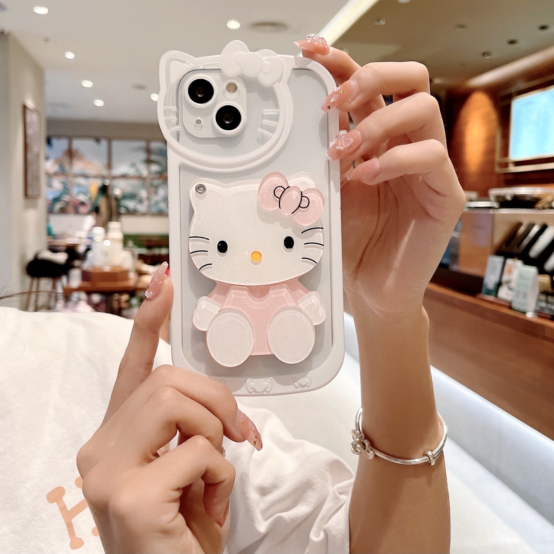 3D Lovely hellokitty Makeup Mirror with Lens Film Mobile phone case for iphone 11 12 13 14 15 16 promax KT cat phone accessories
