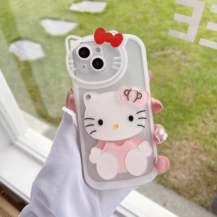 3D Lovely hellokitty Makeup Mirror with Lens Film Mobile phone case for iphone 11 12 13 14 15 16 promax KT cat phone accessories