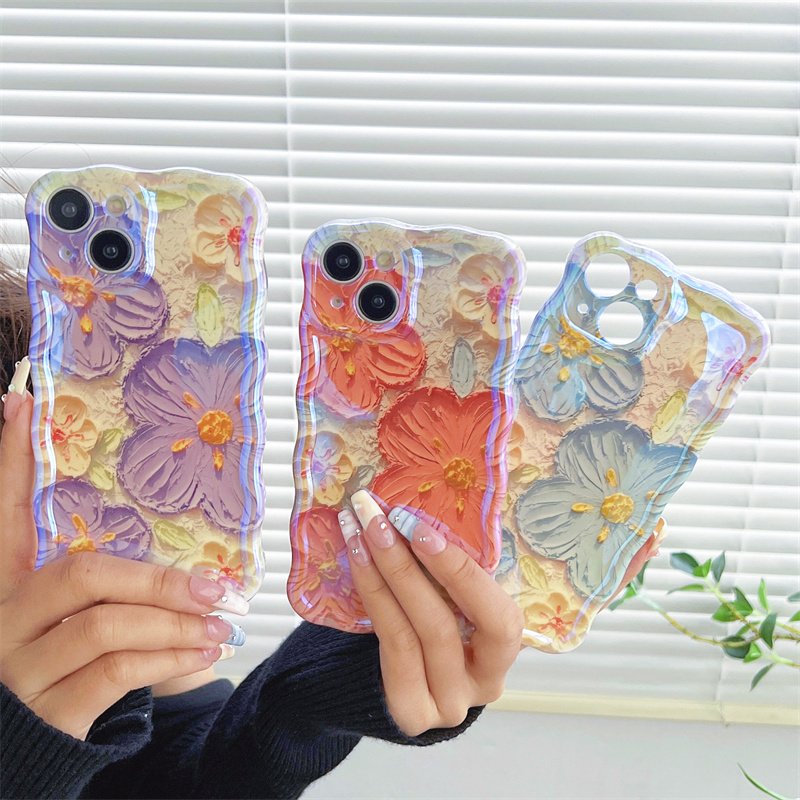 The best-selling blue wavy three-color flower mobile phone case for iPhone16promax 15pro fall protection case 14 13 12 11