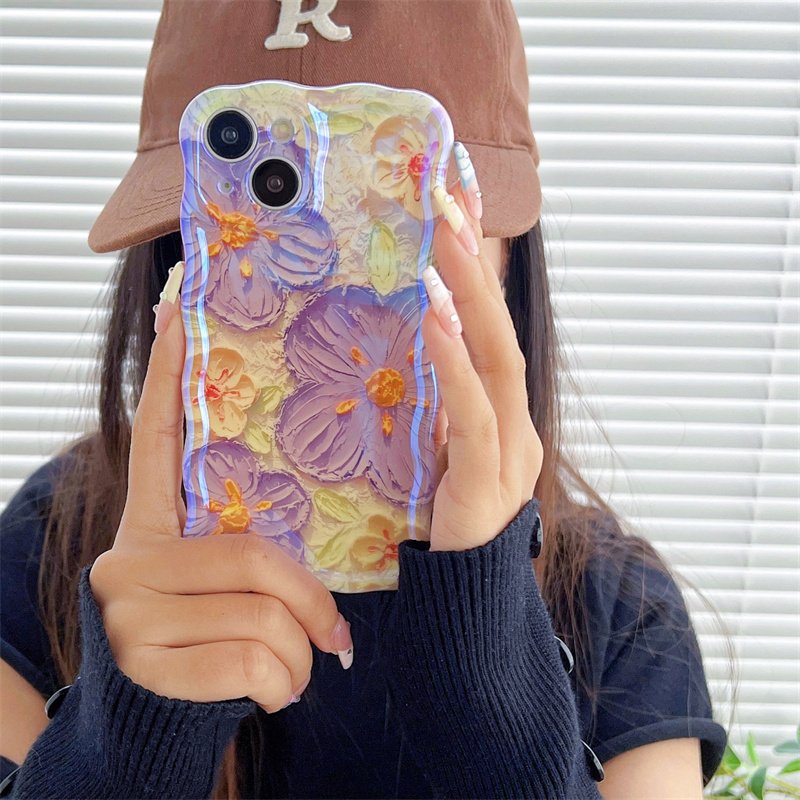 The best-selling blue wavy three-color flower mobile phone case for iPhone16promax 15pro fall protection case 14 13 12 11