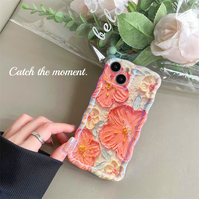 The best-selling blue wavy three-color flower mobile phone case for iPhone16promax 15pro fall protection case 14 13 12 11