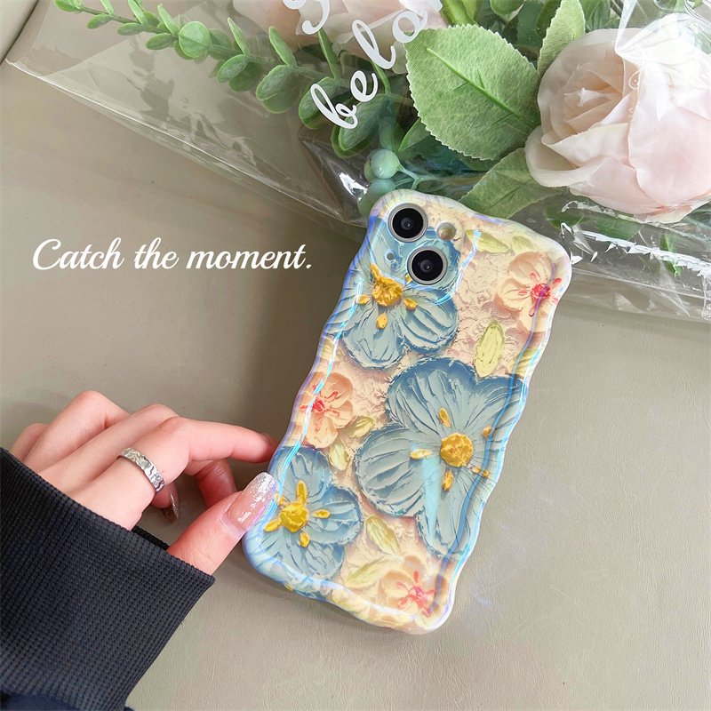 The best-selling blue wavy three-color flower mobile phone case for iPhone16promax 15pro fall protection case 14 13 12 11