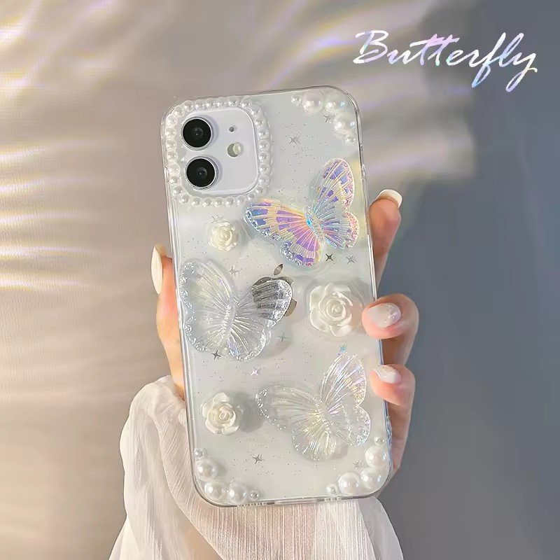 3D Epoxy Pearl Butterfly Rose Flower Mobile Phone Case Girls Phone Cover Transparent Floral Cover For iPhone 15 Plus 14 13 12 11