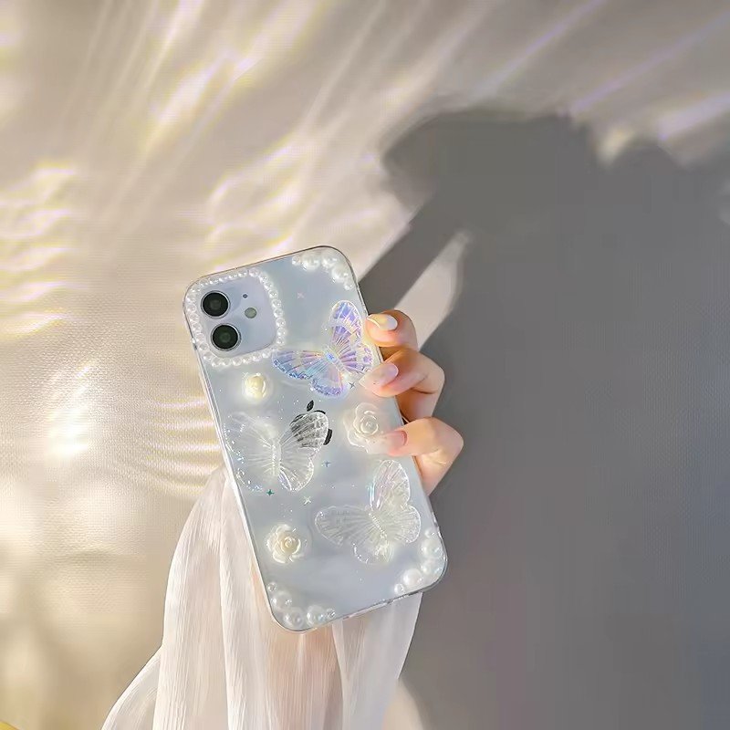 3D Epoxy Pearl Butterfly Rose Flower Mobile Phone Case Girls Phone Cover Transparent Floral Cover For iPhone 15 Plus 14 13 12 11