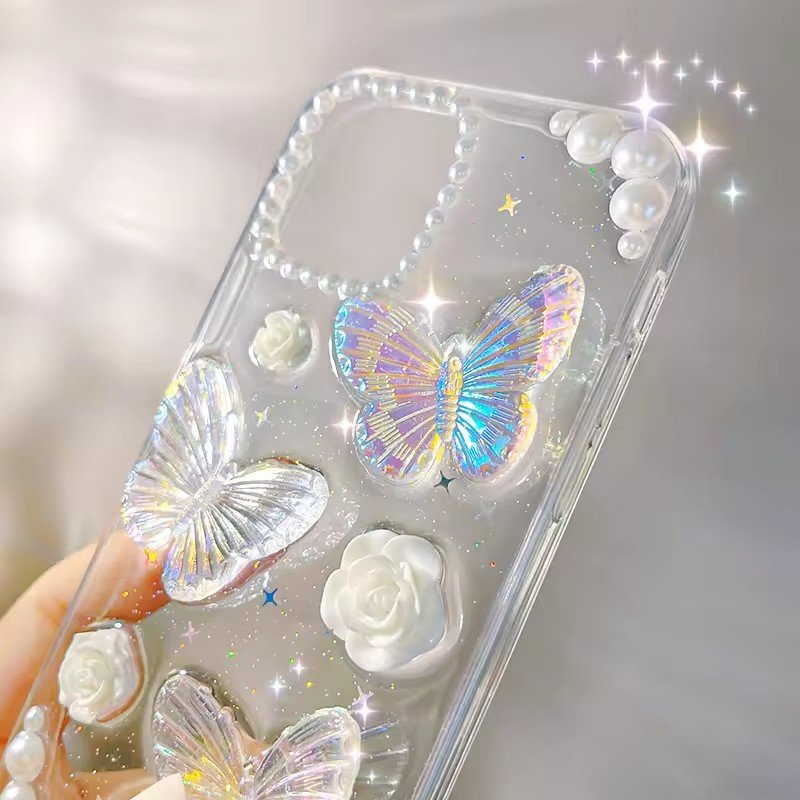 3D Epoxy Pearl Butterfly Rose Flower Mobile Phone Case Girls Phone Cover Transparent Floral Cover For iPhone 15 Plus 14 13 12 11