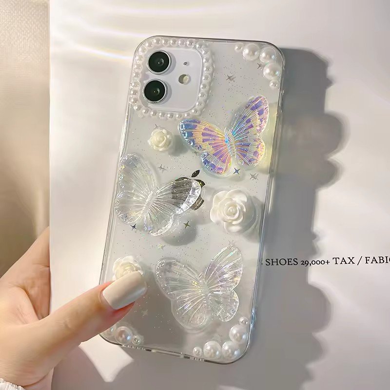 3D Epoxy Pearl Butterfly Rose Flower Mobile Phone Case Girls Phone Cover Transparent Floral Cover For iPhone 15 Plus 14 13 12 11