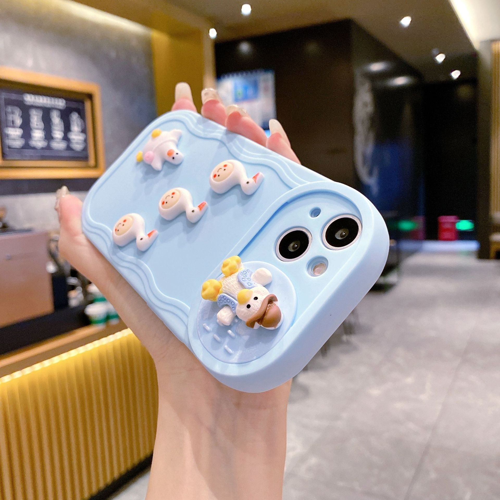 Cute 3D Duck Fun silicone Mobile Phone Case For iPhone 16 15 14 13 12 11 Pro max Push pull lens DIY tpu Shockproof Back Cover