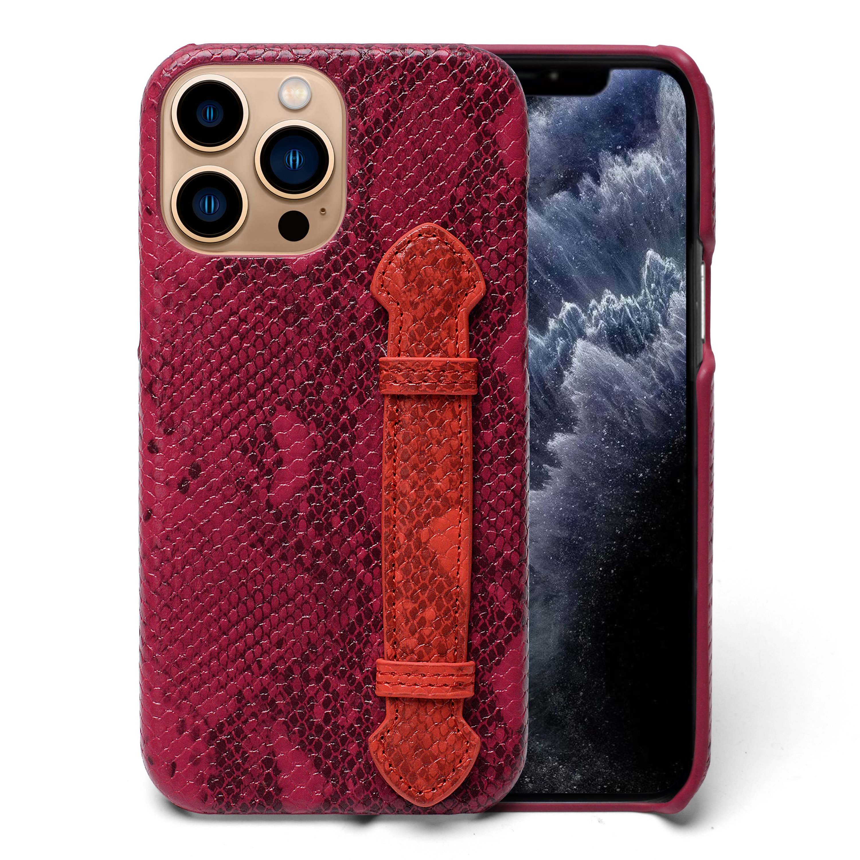 Design Custom Crocodile Snake Skin Genuine Leather Real Mobile Phone Cases With Strap Finger Holder For Iphone 14 Pro Max Case