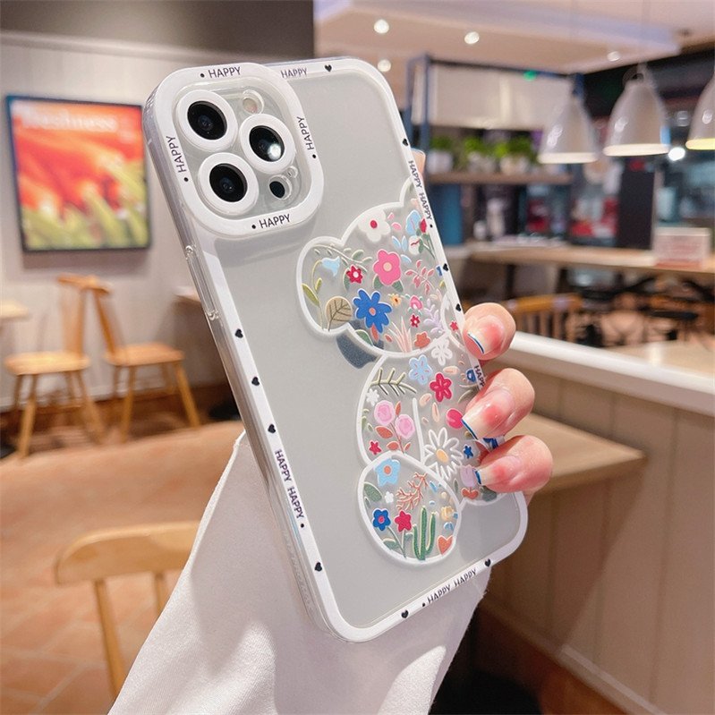Soft Cartoon Flowers Bear Phone Case For iPhone 13 Pro Max 12 11 X XS XR 7 8 Plus SE Transparent Cases Cover