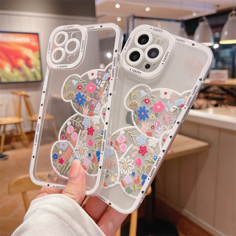 Soft Cartoon Flowers Bear Phone Case For iPhone 13 Pro Max 12 11 X XS XR 7 8 Plus SE Transparent Cases Cover