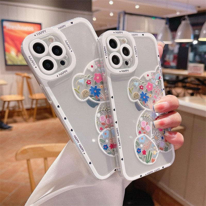 Soft Cartoon Flowers Bear Phone Case For iPhone 13 Pro Max 12 11 X XS XR 7 8 Plus SE Transparent Cases Cover