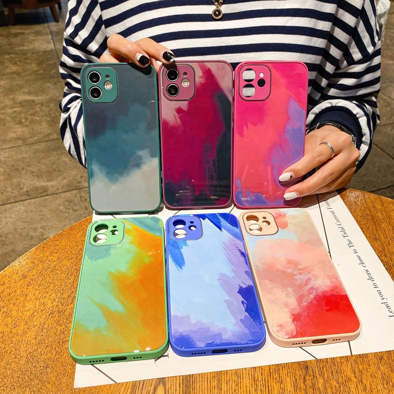 New Watercolor Paint Tempered Glass Liquid Silicone Phone Cover Case For iPhone 12 Pro Max With Camera Lens Protection