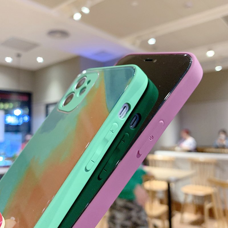New Watercolor Paint Tempered Glass Liquid Silicone Phone Cover Case For iPhone 12 Pro Max With Camera Lens Protection