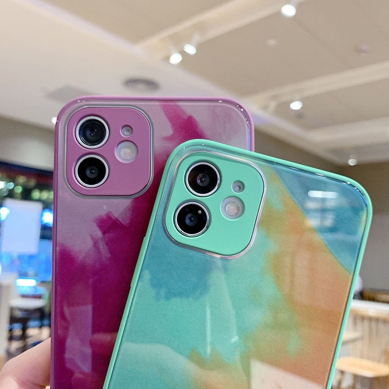 New Watercolor Paint Tempered Glass Liquid Silicone Phone Cover Case For iPhone 12 Pro Max With Camera Lens Protection