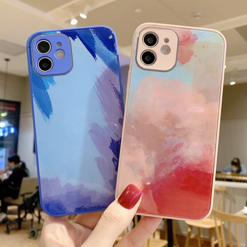 New Watercolor Paint Tempered Glass Liquid Silicone Phone Cover Case For iPhone 12 Pro Max With Camera Lens Protection