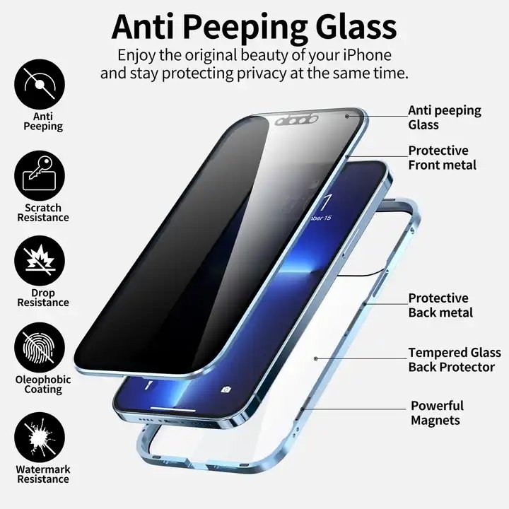 For Iphone 16 15 14 13 12 11 Privacy Case With Nano Tech Tempered Glass Anti Spy Magnetic Metal Protective Phone Case