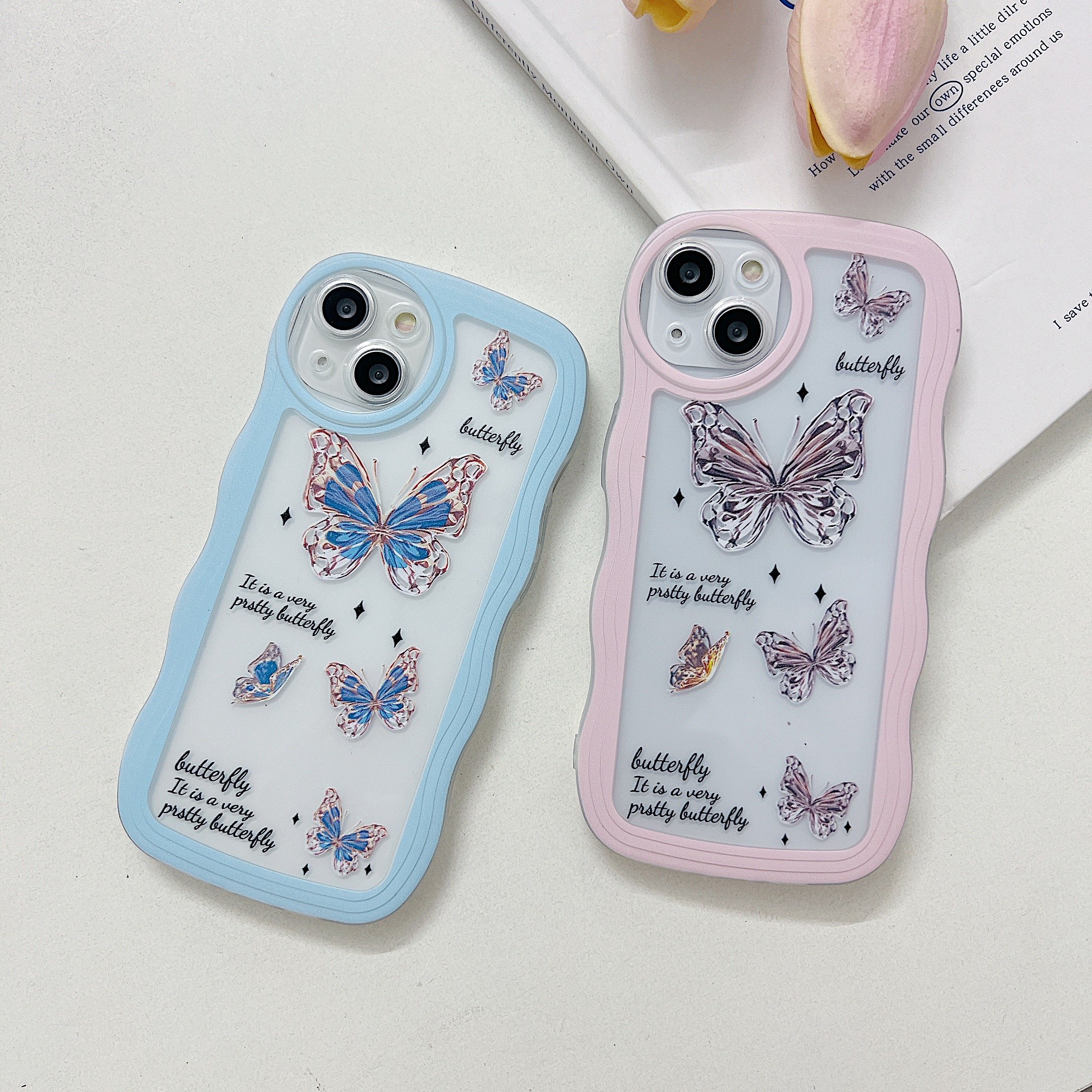 USLION Big Wave Butterfly Style Mobile Phone Case Phone Cover TPU Cell Phone Back Protective Case for iP 14/13/12/11 Pro Max