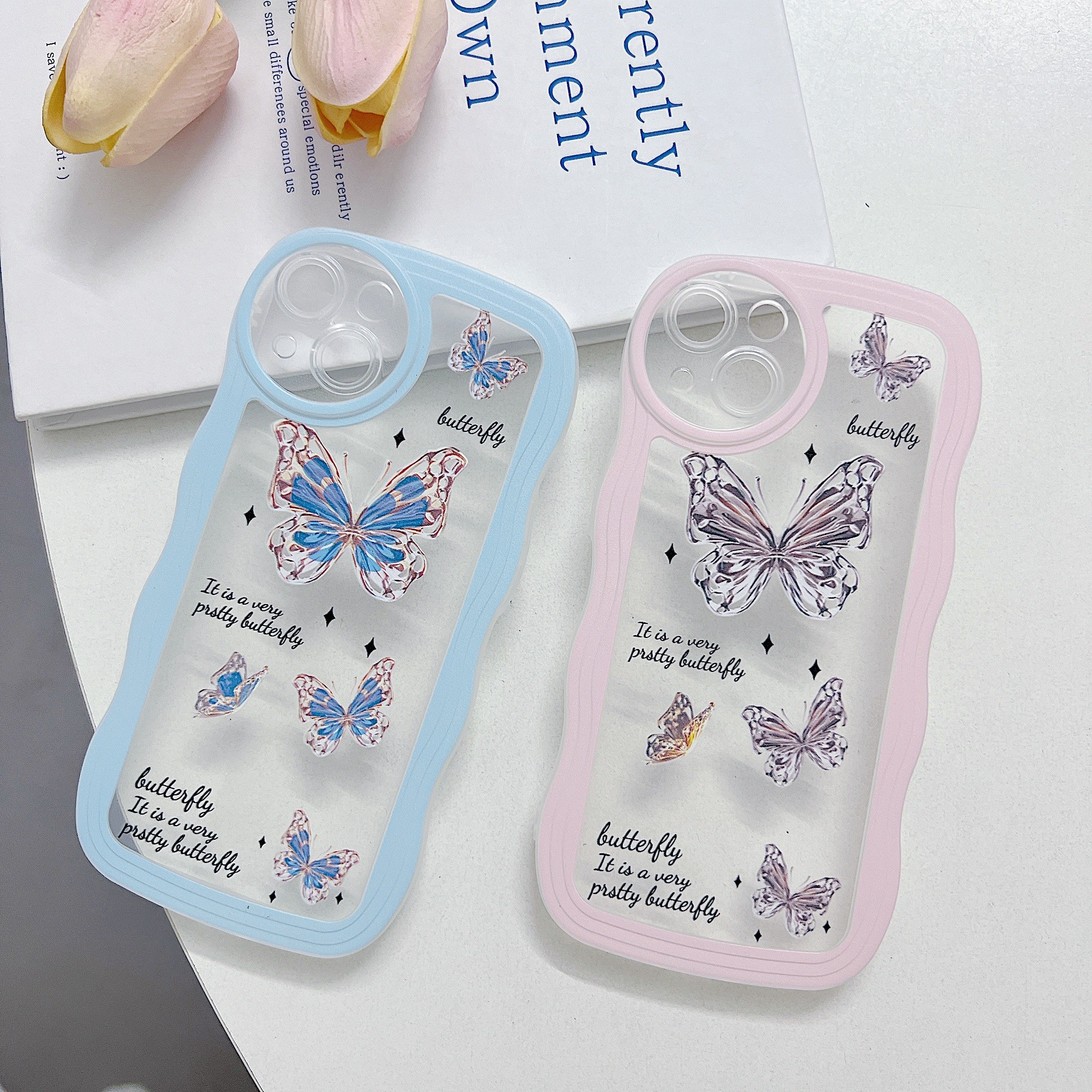 USLION Big Wave Butterfly Style Mobile Phone Case Phone Cover TPU Cell Phone Back Protective Case for iP 14/13/12/11 Pro Max