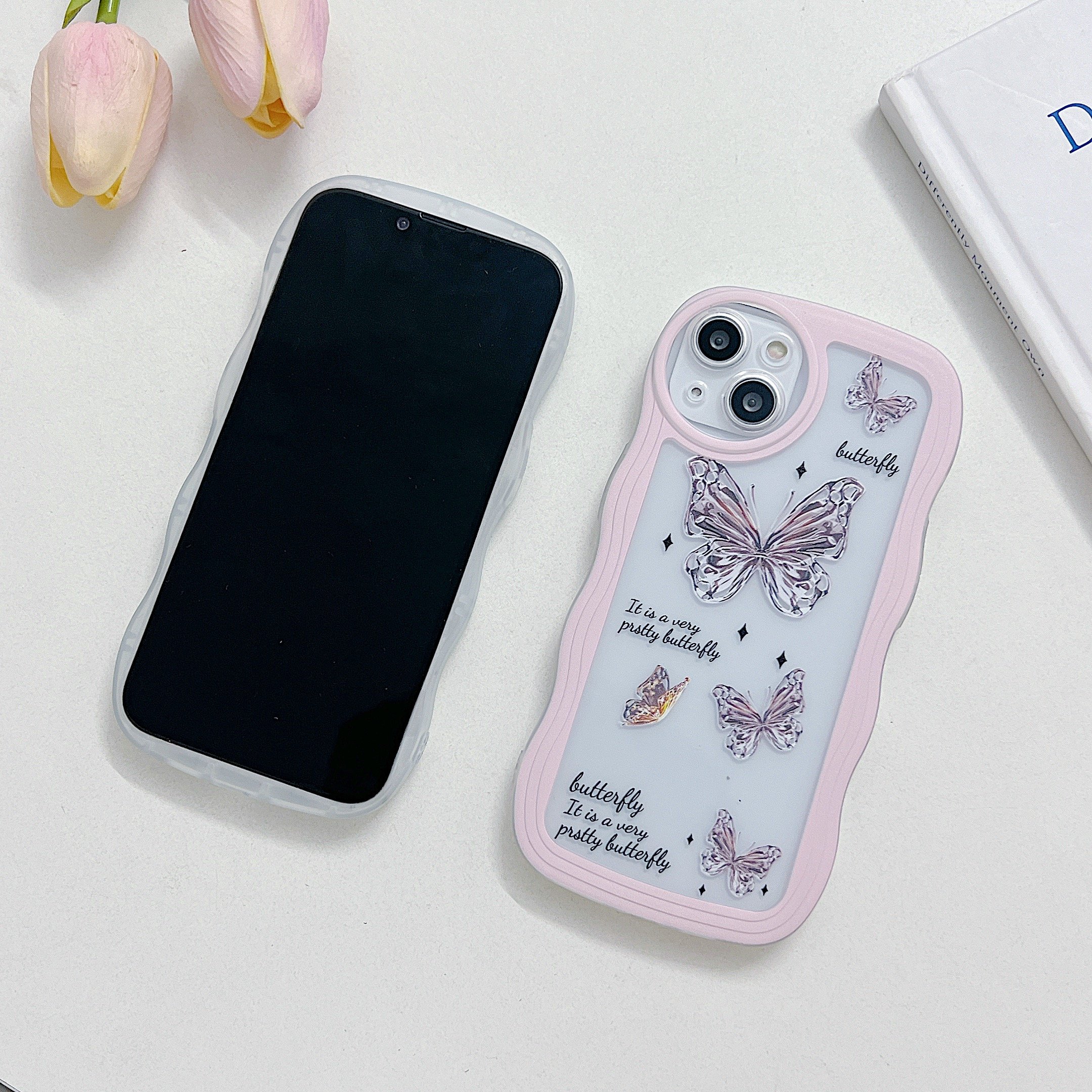 USLION Big Wave Butterfly Style Mobile Phone Case Phone Cover TPU Cell Phone Back Protective Case for iP 14/13/12/11 Pro Max