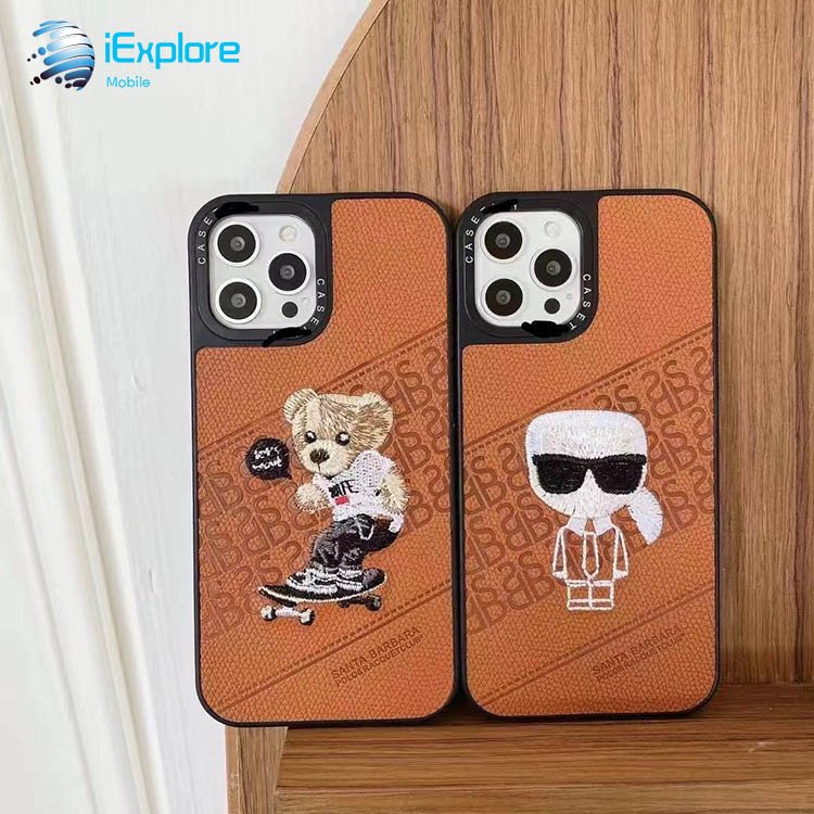 iExplore manufacturer PC TPU 2 in 1 custom embroidery design bear leather phone case for iPhone 16 Pro Max Huawei P50 Pro