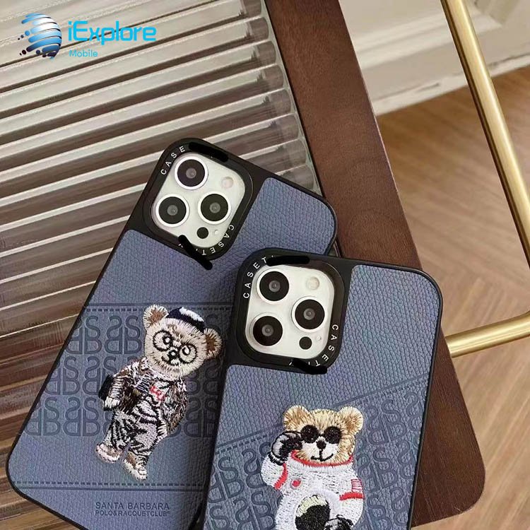 iExplore manufacturer PC TPU 2 in 1 custom embroidery design bear leather phone case for iPhone 16 Pro Max Huawei P50 Pro