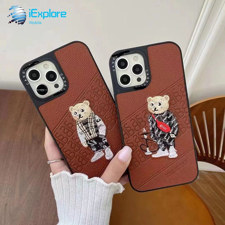 iExplore manufacturer PC TPU 2 in 1 custom embroidery design bear leather phone case for iPhone 16 Pro Max Huawei P50 Pro