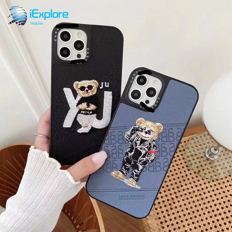 iExplore manufacturer PC TPU 2 in 1 custom embroidery design bear leather phone case for iPhone 16 Pro Max Huawei P50 Pro