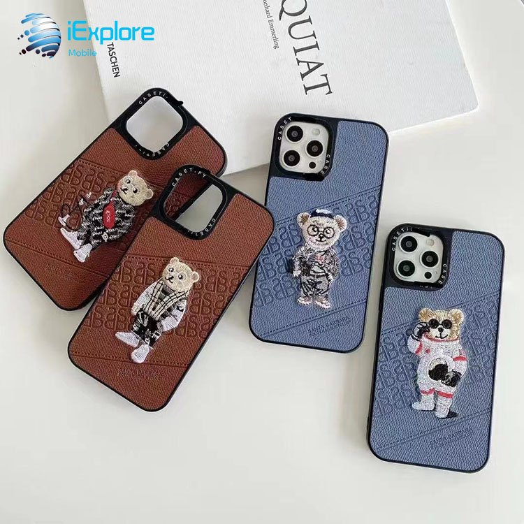 iExplore manufacturer PC TPU 2 in 1 custom embroidery design bear leather phone case for iPhone 16 Pro Max Huawei P50 Pro
