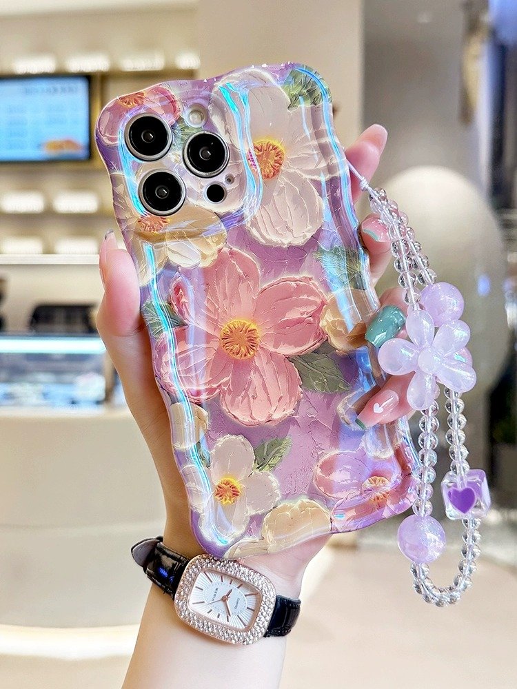 Explosive oil painting flower fashion phone case for iPhone16promax 15pro rope 14 13 Blue wave 12 Europe and the United States11