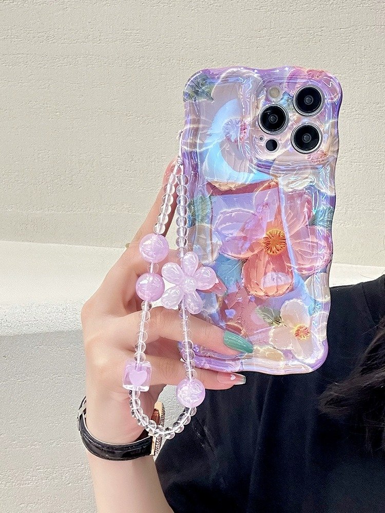 Explosive oil painting flower fashion phone case for iPhone16promax 15pro rope 14 13 Blue wave 12 Europe and the United States11