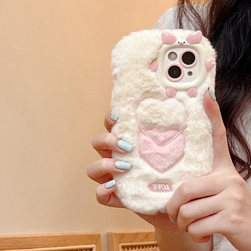 Lovely Pink Heart Warm Plush Mobile Phone Case Winter Fur Cases for iPhone 15 Pro