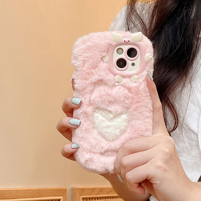Lovely Pink Heart Warm Plush Mobile Phone Case Winter Fur Cases for iPhone 15 Pro