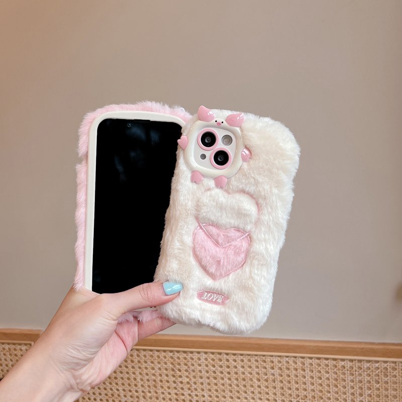 Lovely Pink Heart Warm Plush Mobile Phone Case Winter Fur Cases for iPhone 15 Pro