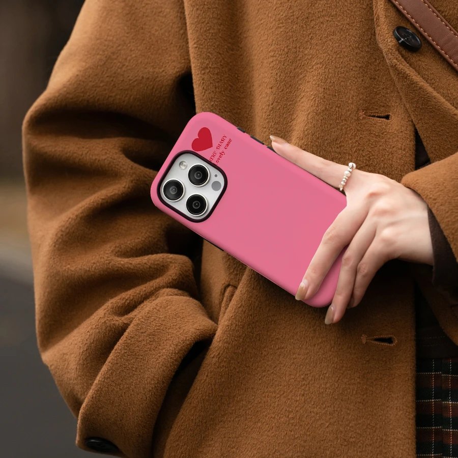 Simple pink background red heart Phone Case For IPHONE 15PRO MAX 14 13 12 11 PRO Plus Acrylic TPU Two in one Mobile Phone Cases